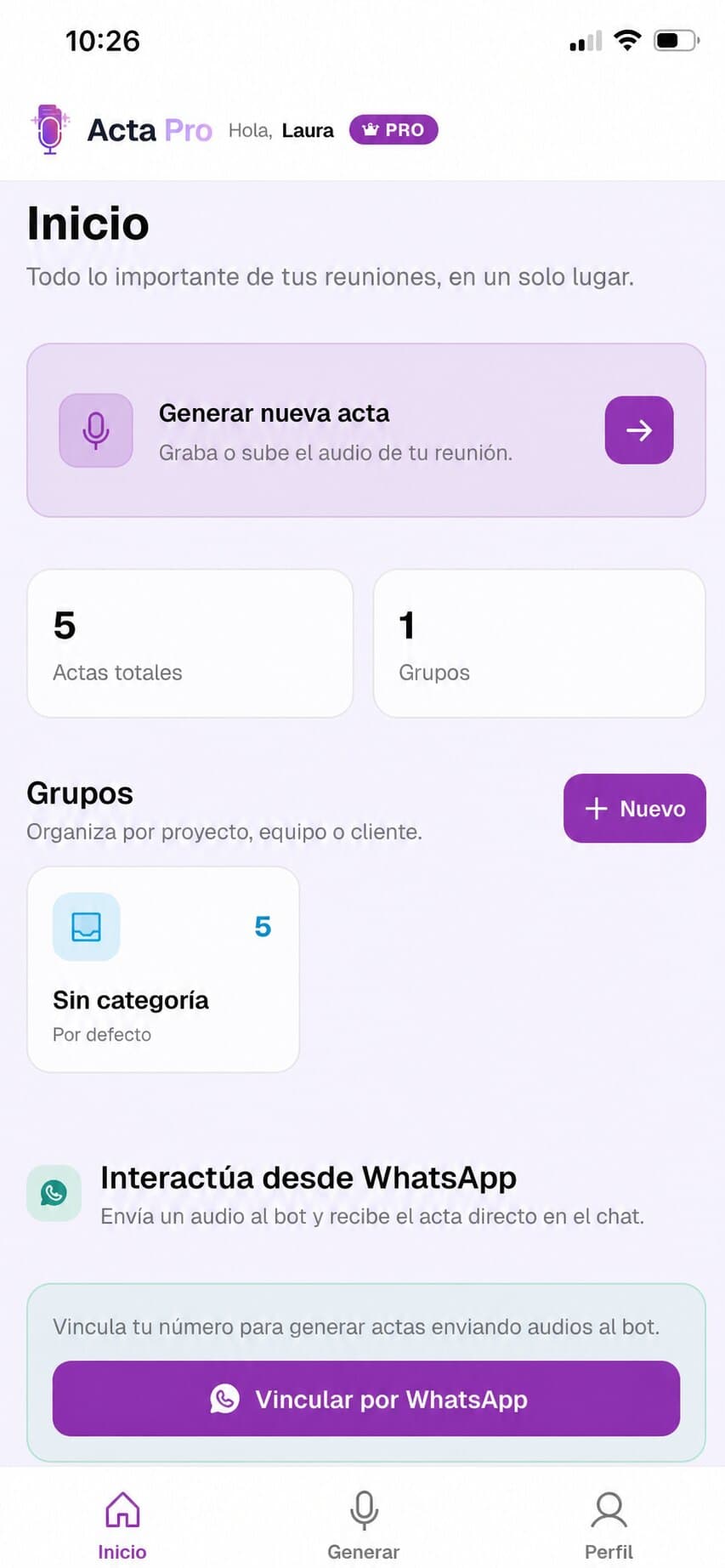 Pantalla de inicio de Acta Pro en iPhone, con acceso para generar un acta y organizar reuniones por grupos