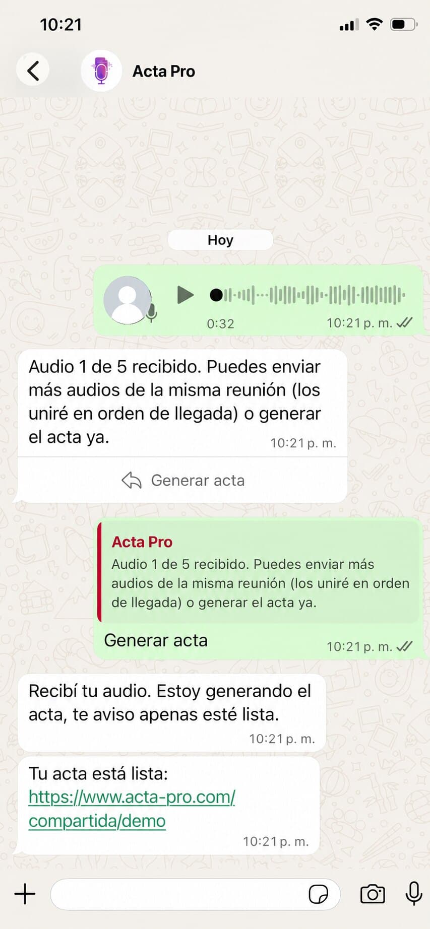 Conversación con el bot de Acta Pro en WhatsApp: recibe un audio, genera el acta y devuelve el enlace